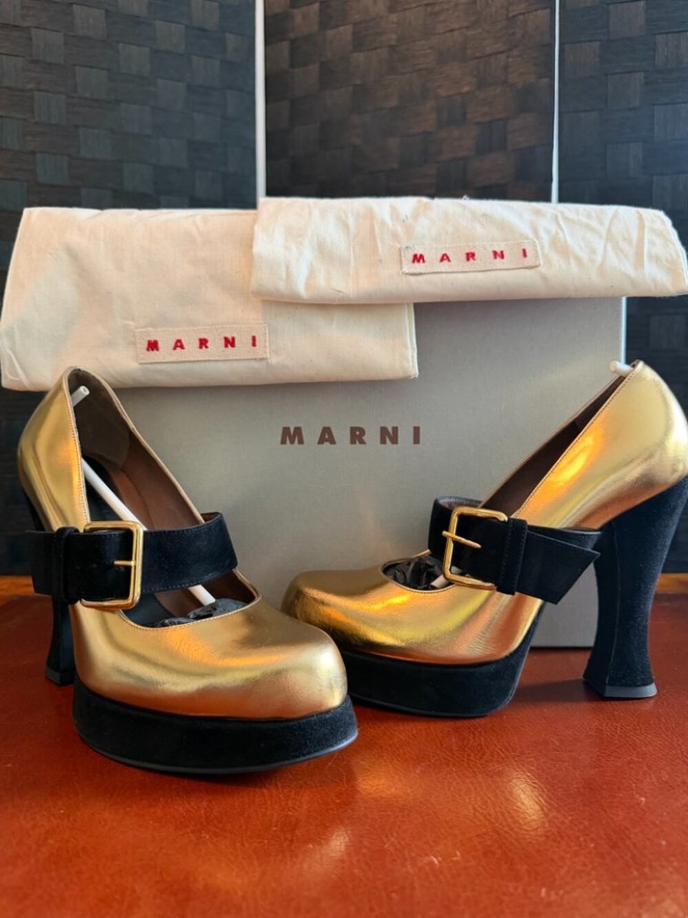 Marni Gold & Black Suede Mary Jane Style Platform Heels, size 39